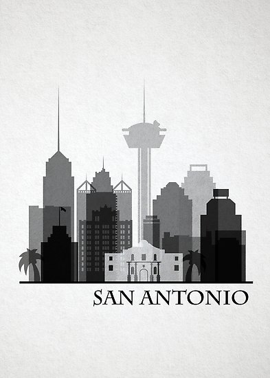 merged images in greyscale of buildings that make up the san antonio skyline